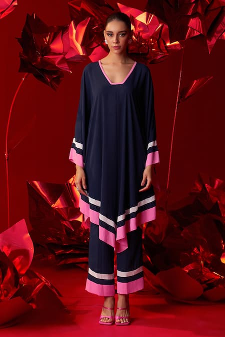 Buy_Dania Siddiqui_Blue Georgette V-neck Stella Asymmetric Tunic With Straight Pant _Online_at_Aza_Fashions