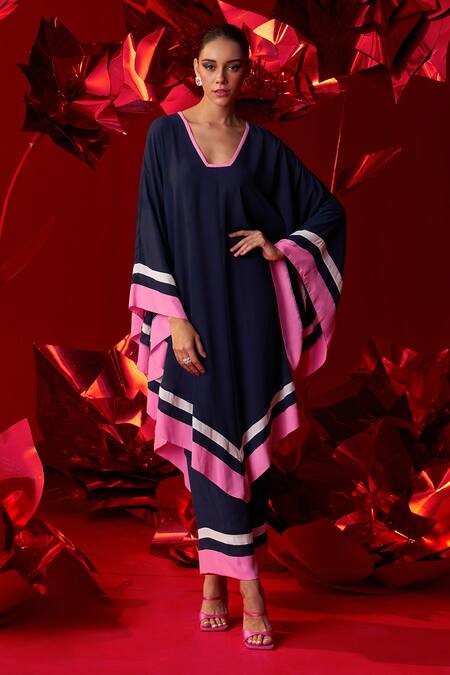 Shop_Dania Siddiqui_Blue Georgette V-neck Stella Asymmetric Tunic With Straight Pant _Online_at_Aza_Fashions