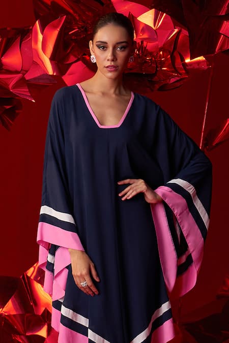 Dania Siddiqui_Blue Georgette V-neck Stella Asymmetric Tunic With Straight Pant _at_Aza_Fashions