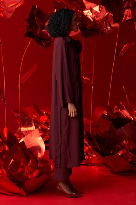 Dania Siddiqui_Wine Georgette Fabric Flowers Collared Alba Pleated Tunic With Pant _Online_at_Aza_Fashions