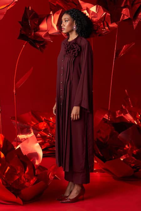 Buy_Dania Siddiqui_Wine Georgette Fabric Flowers Collared Alba Pleated Tunic With Pant _Online_at_Aza_Fashions