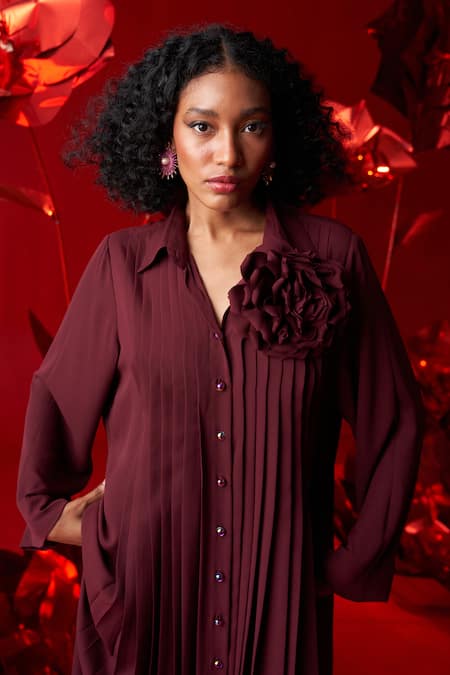 Shop_Dania Siddiqui_Wine Georgette Fabric Flowers Collared Alba Pleated Tunic With Pant _Online_at_Aza_Fashions