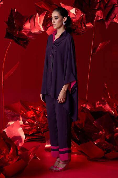 Dania Siddiqui_Purple Georgette Collared Olivia Draped Tunic With Pant _Online_at_Aza_Fashions