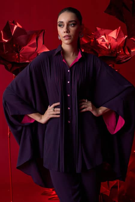 Buy_Dania Siddiqui_Purple Georgette Collared Olivia Draped Tunic With Pant _Online_at_Aza_Fashions