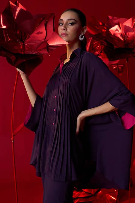 Shop_Dania Siddiqui_Purple Georgette Collared Olivia Draped Tunic With Pant _Online_at_Aza_Fashions