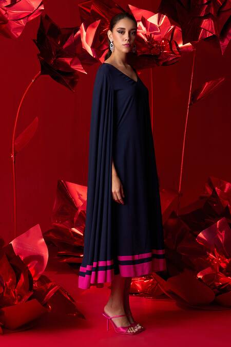 Buy_Dania Siddiqui_Blue Matte Finish Satin Plain V-neck Emilia A-line Midi Dress _Online_at_Aza_Fashions