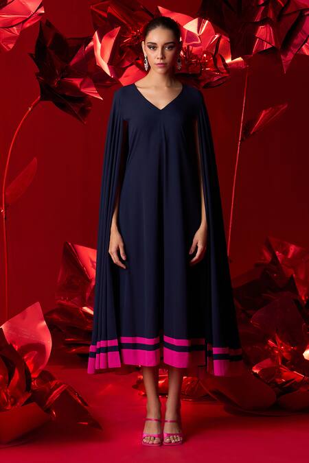 Shop_Dania Siddiqui_Blue Matte Finish Satin Plain V-neck Emilia A-line Midi Dress _Online_at_Aza_Fashions
