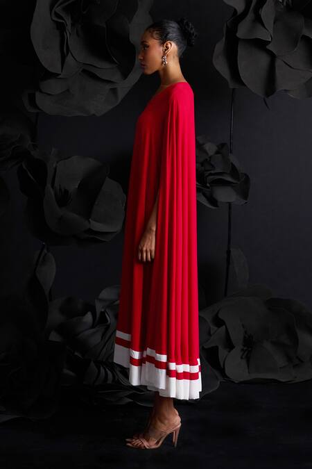 Dania Siddiqui_Red Cotton, Silk, Satin V-neck Emilia Attached Cape Midi Dress _Online_at_Aza_Fashions