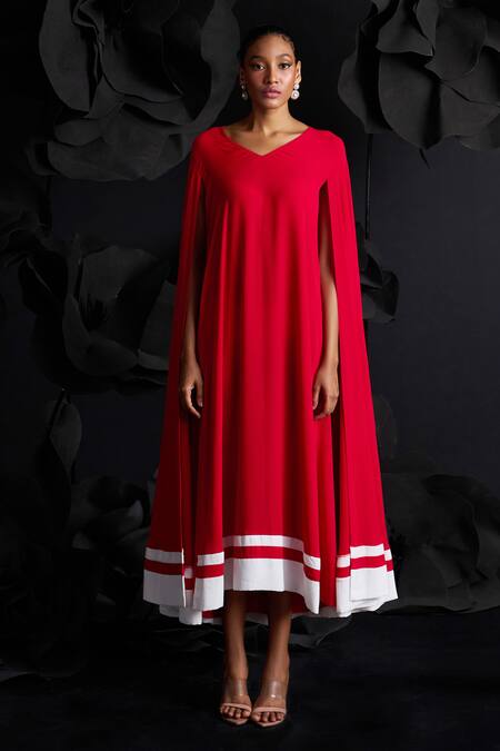 Buy_Dania Siddiqui_Red Cotton, Silk, Satin V-neck Emilia Attached Cape Midi Dress _Online_at_Aza_Fashions
