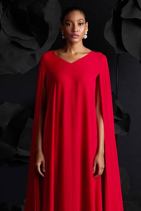Shop_Dania Siddiqui_Red Cotton, Silk, Satin V-neck Emilia Attached Cape Midi Dress _Online_at_Aza_Fashions