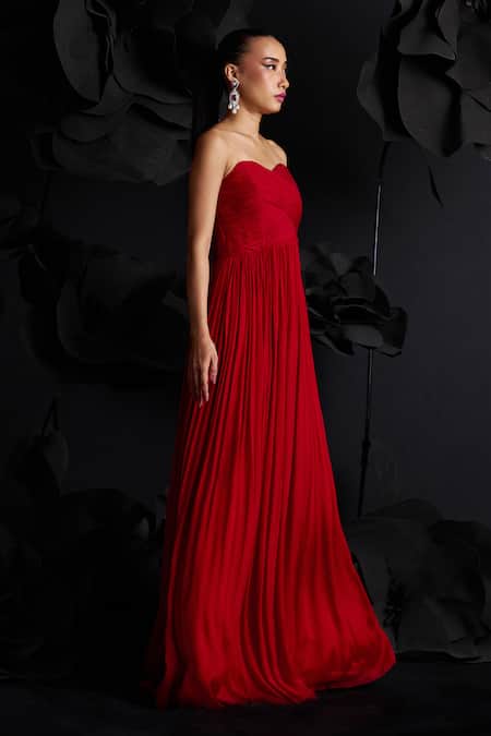 Buy_Dania Siddiqui_Red Crepe, Chiffon Off-shoulder Rosa Ruched Corset Gown _Online_at_Aza_Fashions