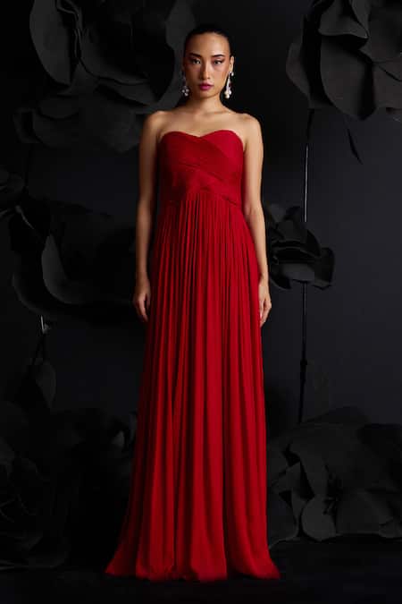 Shop_Dania Siddiqui_Red Crepe, Chiffon Off-shoulder Rosa Ruched Corset Gown _Online_at_Aza_Fashions
