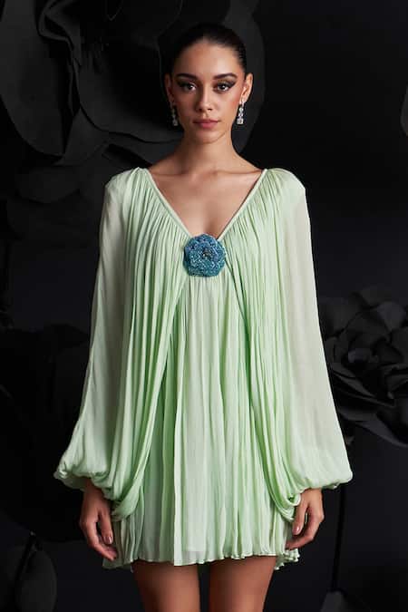Dania Siddiqui_Green Crepe, Chiffon Fabric Flowers V-neck Julia Gathered Mini Dress _at_Aza_Fashions