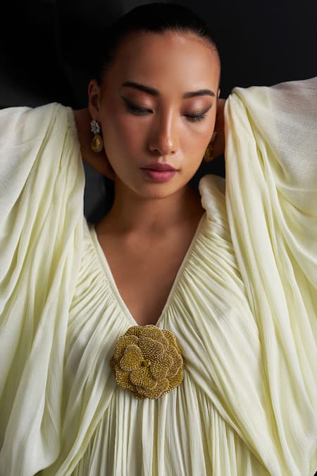 Dania Siddiqui_Yellow Crepe, Chiffon Embroidery V-neck Julia Gathered Dress _Online_at_Aza_Fashions