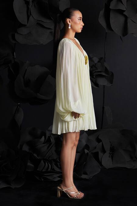 Buy_Dania Siddiqui_Yellow Crepe, Chiffon Embroidery V-neck Julia Gathered Dress _Online_at_Aza_Fashions