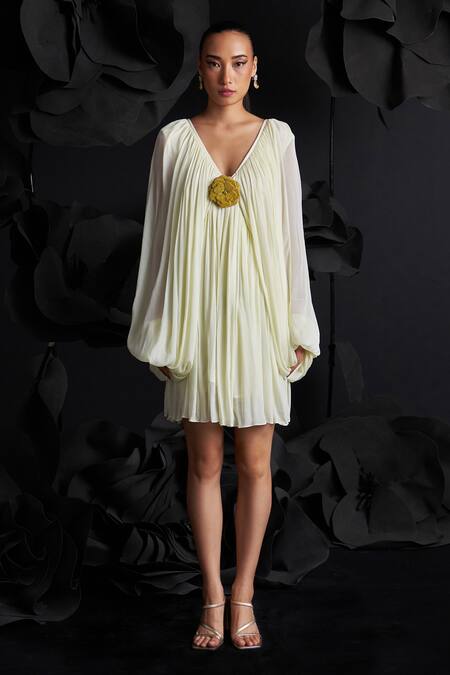 Shop_Dania Siddiqui_Yellow Crepe, Chiffon Embroidery V-neck Julia Gathered Dress _Online_at_Aza_Fashions
