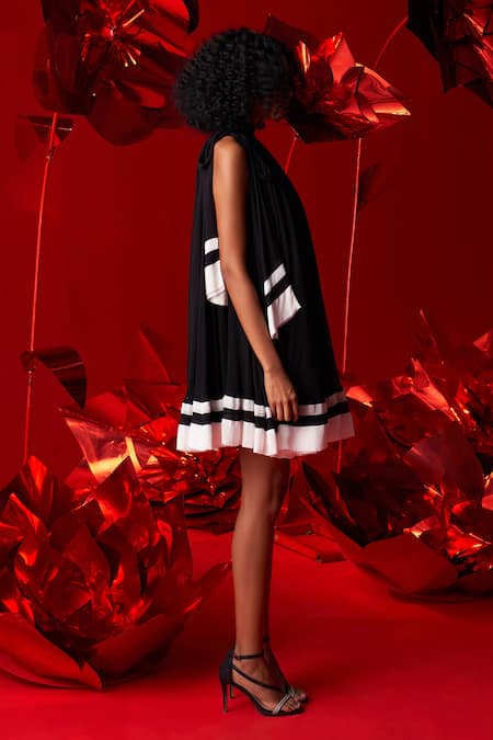 Dania Siddiqui_Black Viscose, Georgette, Cotton, Silk Halter Neck Lora Bow Tie Mini Dress _Online_at_Aza_Fashions