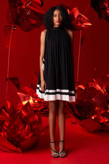 Buy_Dania Siddiqui_Black Viscose, Georgette, Cotton, Silk Halter Neck Lora Bow Tie Mini Dress _Online_at_Aza_Fashions