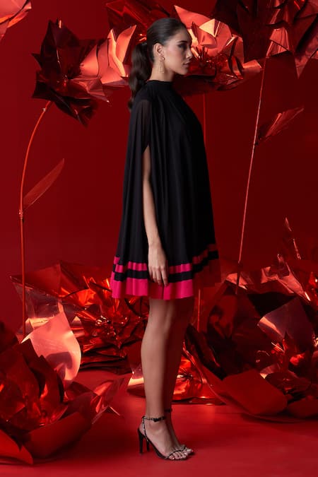 Buy_Dania Siddiqui_Black Viscose, Georgette, Cotton, Silk Halter Neck Leona Mini Cape Dress _Online_at_Aza_Fashions