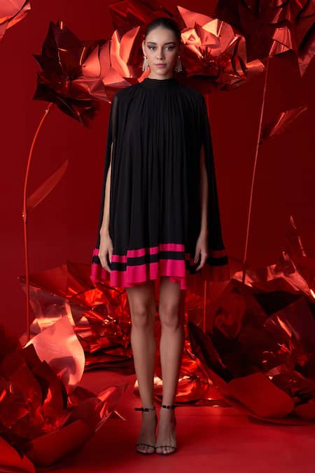 Shop_Dania Siddiqui_Black Viscose, Georgette, Cotton, Silk Halter Neck Leona Mini Cape Dress _Online_at_Aza_Fashions