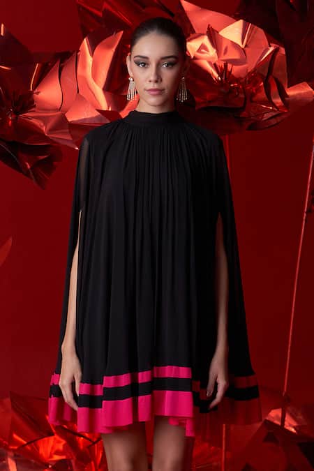 Dania Siddiqui_Black Viscose, Georgette, Cotton, Silk Halter Neck Leona Mini Cape Dress _at_Aza_Fashions