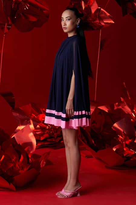 Dania Siddiqui_Blue Viscose, Georgette, Cotton, Silk Halter Neck Leona Flared Mini Dress _Online_at_Aza_Fashions