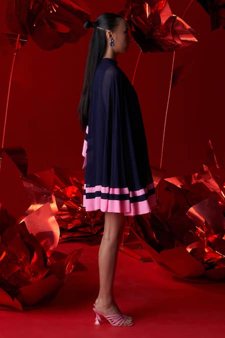 Buy_Dania Siddiqui_Blue Viscose, Georgette, Cotton, Silk Halter Neck Leona Flared Mini Dress _Online_at_Aza_Fashions