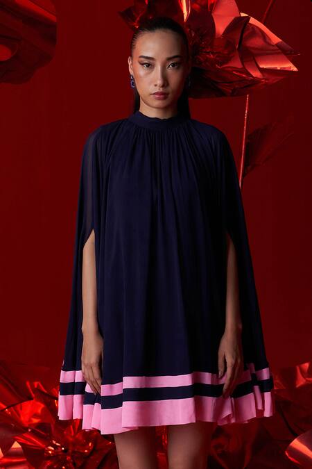 Dania Siddiqui_Blue Viscose, Georgette, Cotton, Silk Halter Neck Leona Flared Mini Dress _at_Aza_Fashions