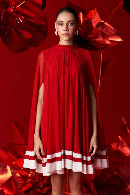 Dania Siddiqui_Red Viscose, Georgette, Cotton, Silk Halter Neck Leona Gathered Mini Dress _Online_at_Aza_Fashions