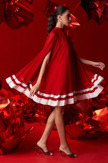 Buy_Dania Siddiqui_Red Viscose, Georgette, Cotton, Silk Halter Neck Leona Gathered Mini Dress _Online_at_Aza_Fashions