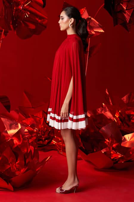 Shop_Dania Siddiqui_Red Viscose, Georgette, Cotton, Silk Halter Neck Leona Gathered Mini Dress _Online_at_Aza_Fashions