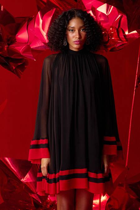 Shop Dania Siddiqui Black Viscose, Georgette, Cotton, Silk Halter Neck Livia Gathered Mini Dress Online at Aza Fashions Shop_Dania Siddiqui_Black Viscose, Georgette, Cotton, Silk Halter Neck Livia Gathered Mini Dress _Online_at_Aza_Fashions