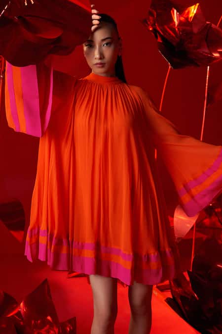 Shop_Dania Siddiqui_Orange Viscose, Georgette, Cotton, Silk Halter Neck Livia Gathered Dress _Online_at_Aza_Fashions