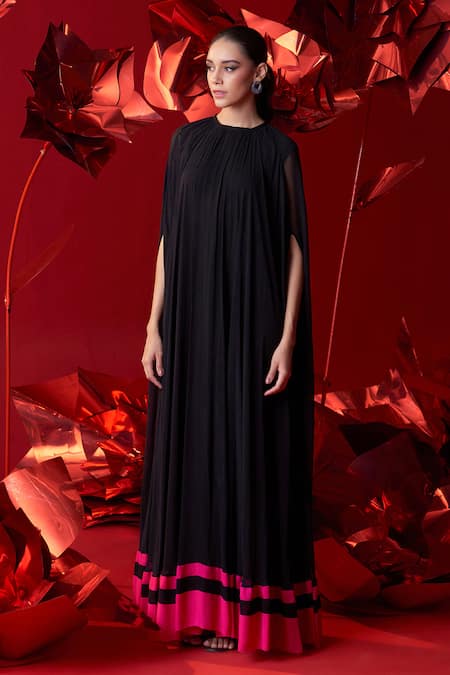 Dania Siddiqui_Black Viscose, Georgette, Cotton, Silk Round Neck Valeria Gathered Kaftan _Online_at_Aza_Fashions