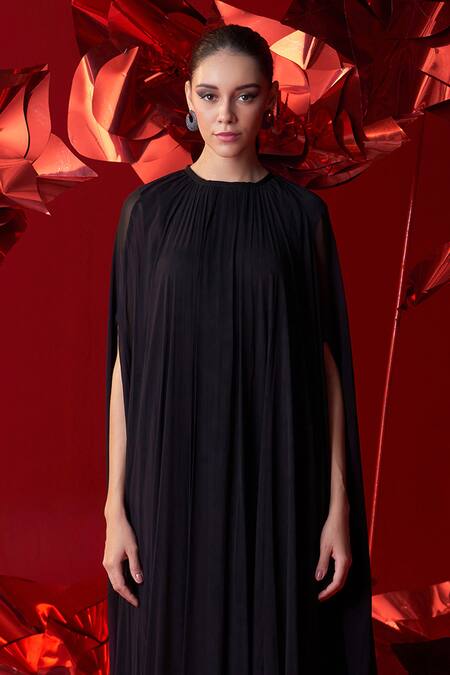 Buy_Dania Siddiqui_Black Viscose, Georgette, Cotton, Silk Round Neck Valeria Gathered Kaftan _Online_at_Aza_Fashions