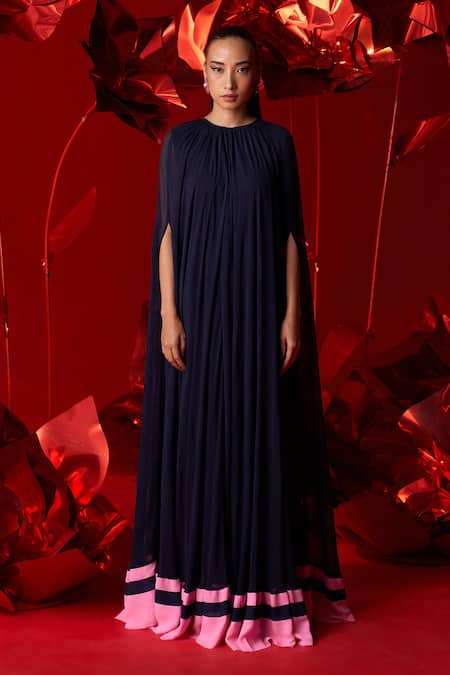 Dania Siddiqui Blue Viscose, Georgette, Cotton, Silk Round Neck Valeria Gathered Cape Kaftan Online at Aza Fashions Dania Siddiqui_Blue Viscose, Georgette, Cotton, Silk Round Neck Valeria Gathered Cape Kaftan _Online_at_Aza_Fashions
