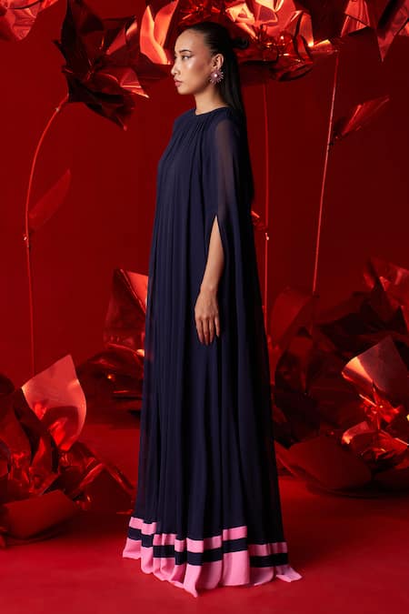 Shop Dania Siddiqui Blue Viscose, Georgette, Cotton, Silk Round Neck Valeria Gathered Cape Kaftan Online at Aza Fashions Shop_Dania Siddiqui_Blue Viscose, Georgette, Cotton, Silk Round Neck Valeria Gathered Cape Kaftan _Online_at_Aza_Fashions
