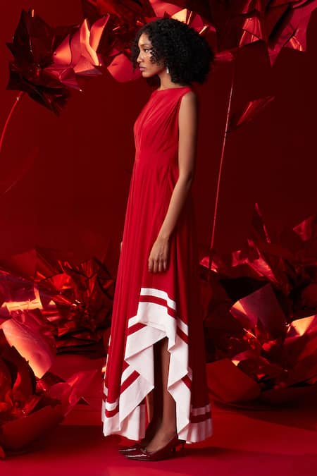 Buy_Dania Siddiqui_Red Satin Boat Neck Florence Asymmetrical Dress _Online_at_Aza_Fashions