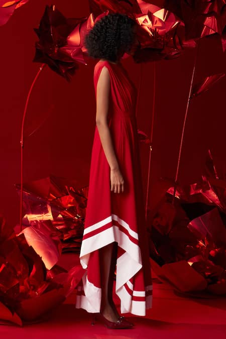 Shop_Dania Siddiqui_Red Satin Boat Neck Florence Asymmetrical Dress _Online_at_Aza_Fashions