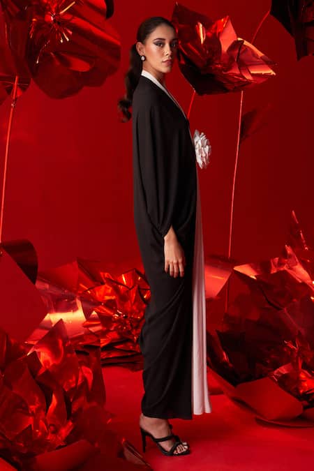 Buy_Dania Siddiqui_Black Georgette Embroidery Plunge Neck Veela Draped Kaftan _Online_at_Aza_Fashions