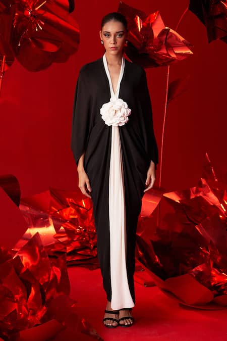 Shop_Dania Siddiqui_Black Georgette Embroidery Plunge Neck Veela Draped Kaftan _Online_at_Aza_Fashions