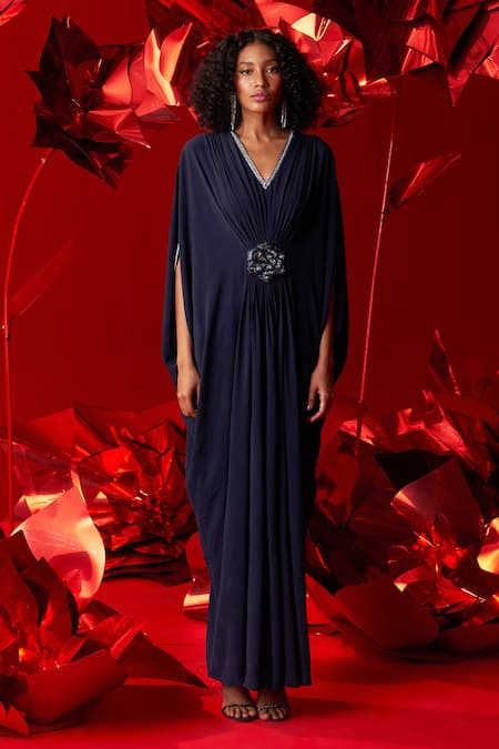 Buy_Dania Siddiqui_Blue Crepe Embroidery V-neck Gabriela Draped Kaftan _Online_at_Aza_Fashions