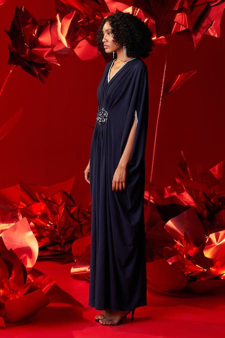 Shop_Dania Siddiqui_Blue Crepe Embroidery V-neck Gabriela Draped Kaftan _Online_at_Aza_Fashions