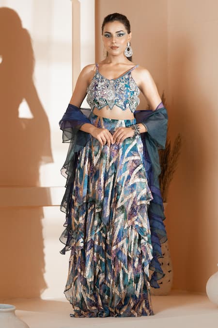 Akanksha Mago Blue Georgette Embroidery Floral V Abstract Print Layered Skirt And Blouse Set 