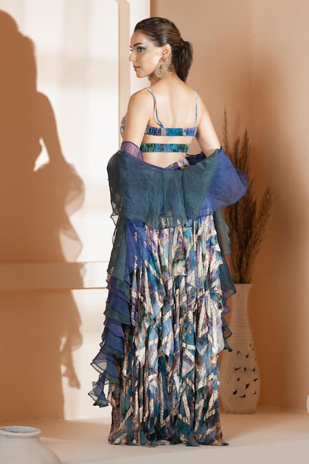 Akanksha Mago Abstract Print Layered Skirt & Blouse Set 
