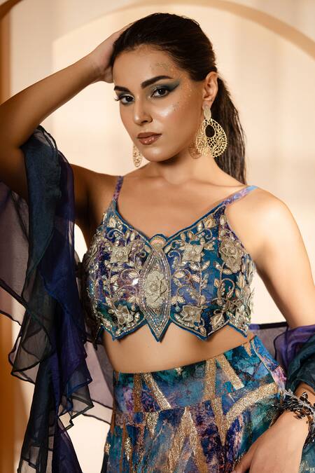 Buy_Akanksha Mago_Blue Georgette Beads, Embroidery, Cut Abstract Print Layered Skirt And Blouse Set _Online_at_Aza_Fashions