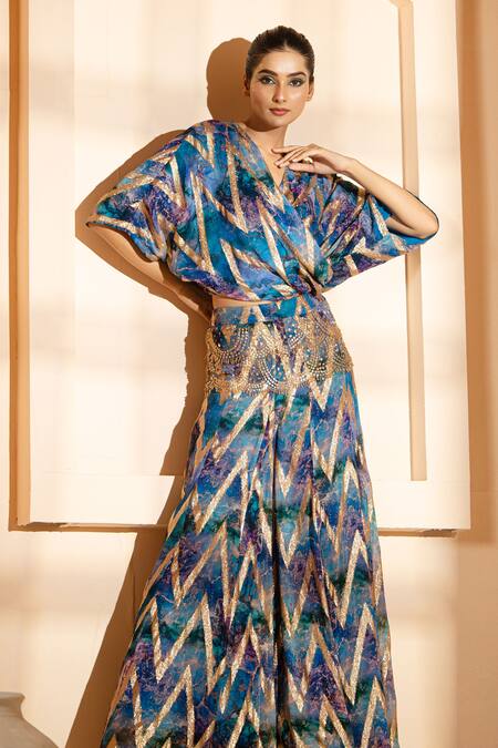 Akanksha Mago_Blue Georgette Zari, Patchwork, Abstract Print Wrapped Top With Sharara _Online_at_Aza_Fashions