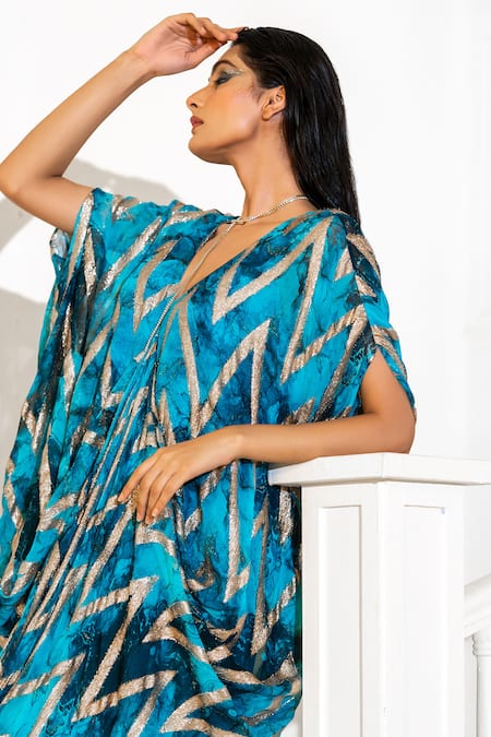 Akanksha Mago_Blue Georgette V-neck Abstract Print Kaftan _Online_at_Aza_Fashions