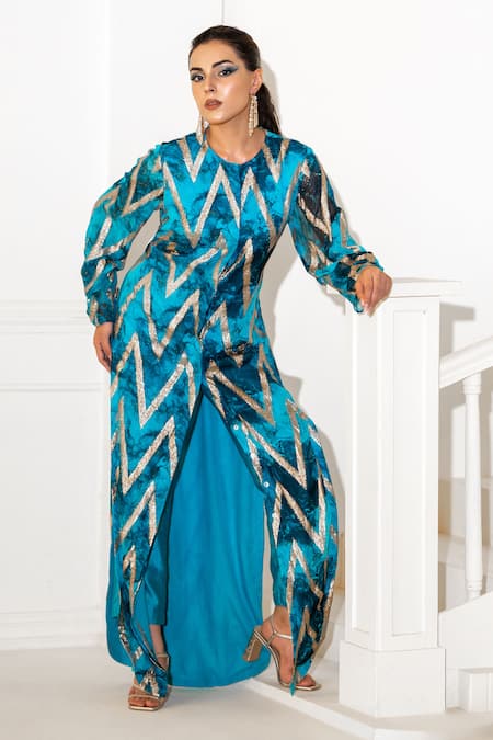 Akanksha Mago_Blue Georgette Zari Round Neck Abstract Print Long Tunic With Pant _Online_at_Aza_Fashions