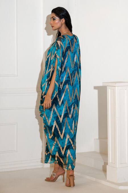 Shop_Akanksha Mago_Blue Georgette Zari Round Neck Abstract Print Long Tunic With Pant _Online_at_Aza_Fashions